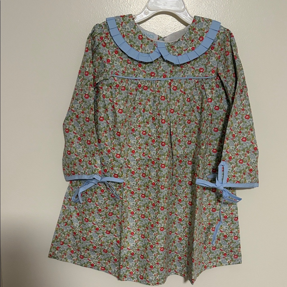 Floral Kids Dress with Blue Accents